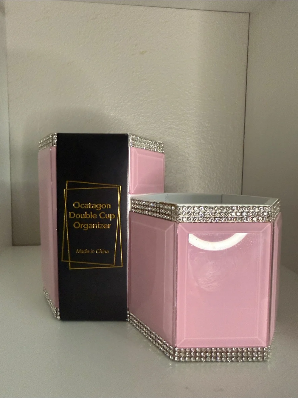 Pink Rhinestone Octagon Double Cup Makeup Brush or Desk Organizer